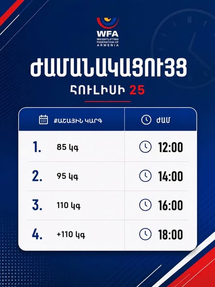 Հայաստանի ծանրամարտի երիտասարդների 2026 թվականի առաջնության ժամանակացույցը: